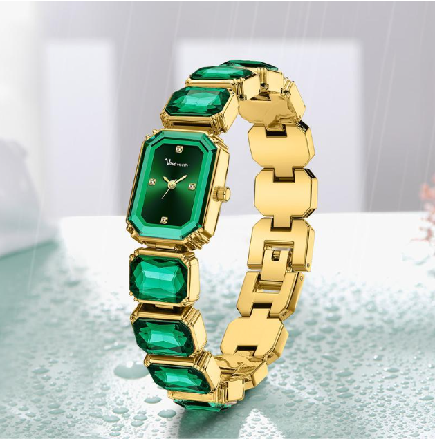 Luxury Gold Women’s Watch with Green Gemstones image 2